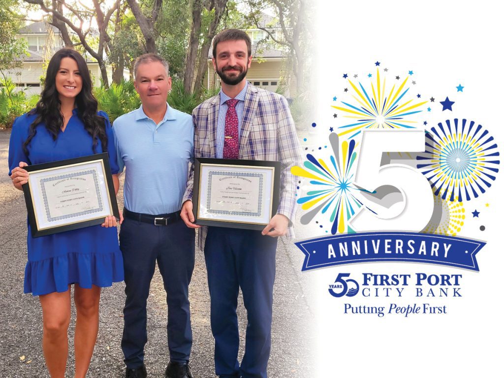 Ashton Petty and Jake Harbin, as they celebrate their 5-year anniversaries with First Port City Bank